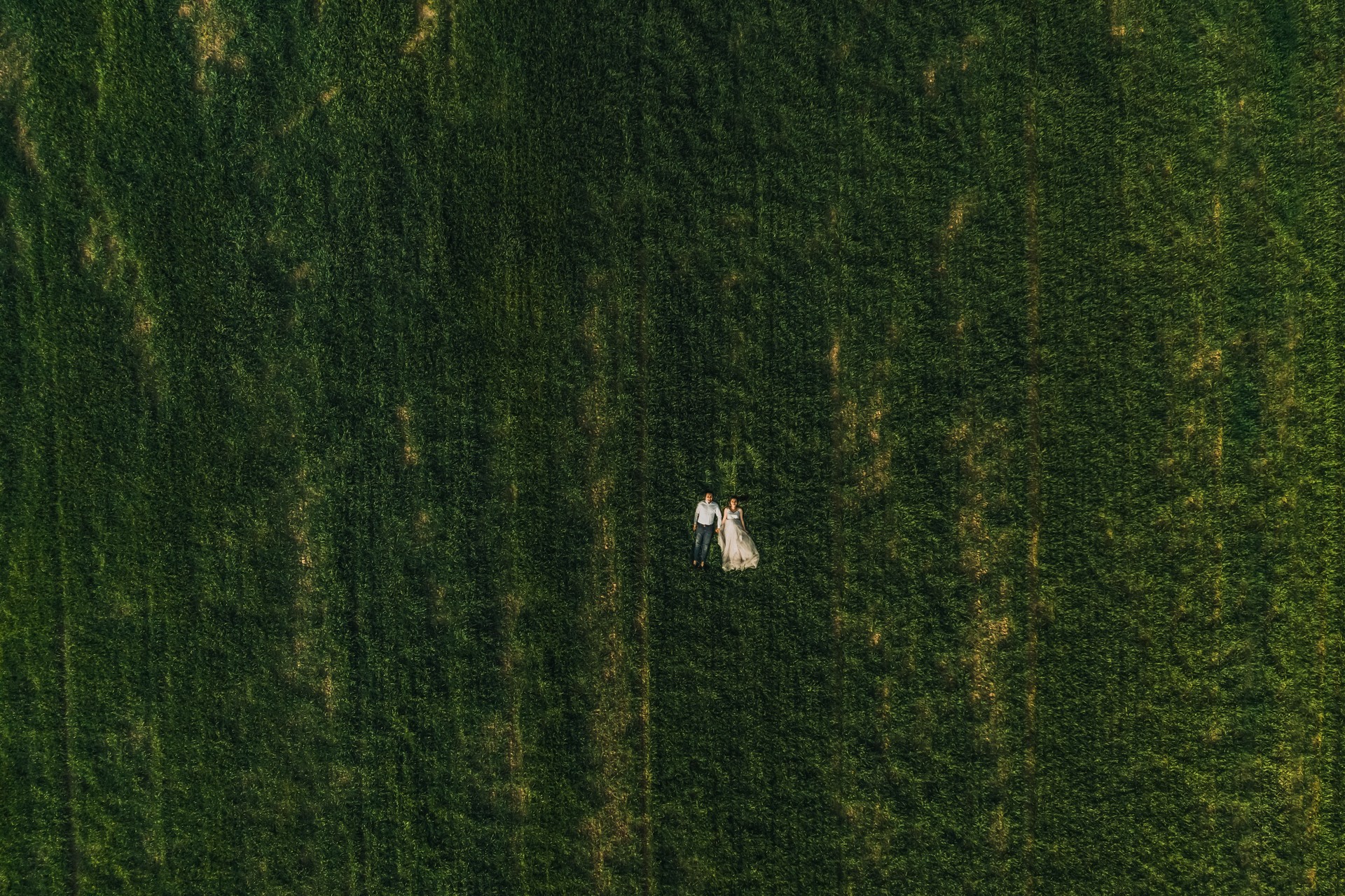 married couple on wooden bridge on coast lake river in nature. Aerial drone top view